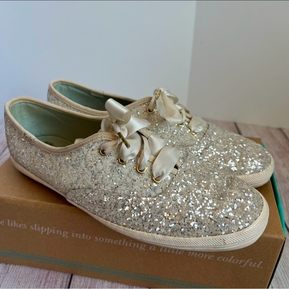 Kate Spade Keds Cream Glitter Shoes 8 - Picture 1 of 6